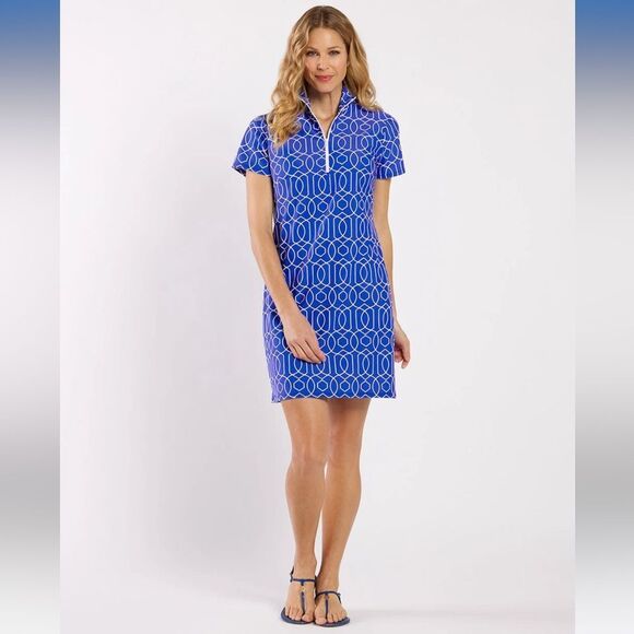 Jude Connally Alexia Blue Geometric 1/4 Zip Dress - Picture 1 of 8